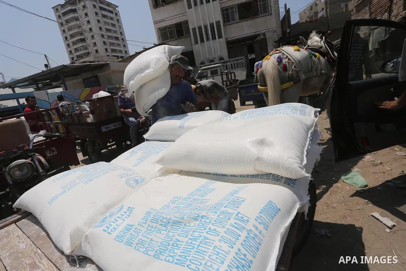 Palestinians receive their monthly food aid at a United Nations distribution center (UNRWA) in Gaza city on August 13, 2017. Photo by Mohammed Asad