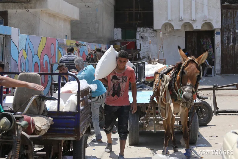 Palestinians receive their monthly food aid at a United Nations distribution center (UNRWA) in Gaza city on August 13, 2017. Photo by Mohammed Asad