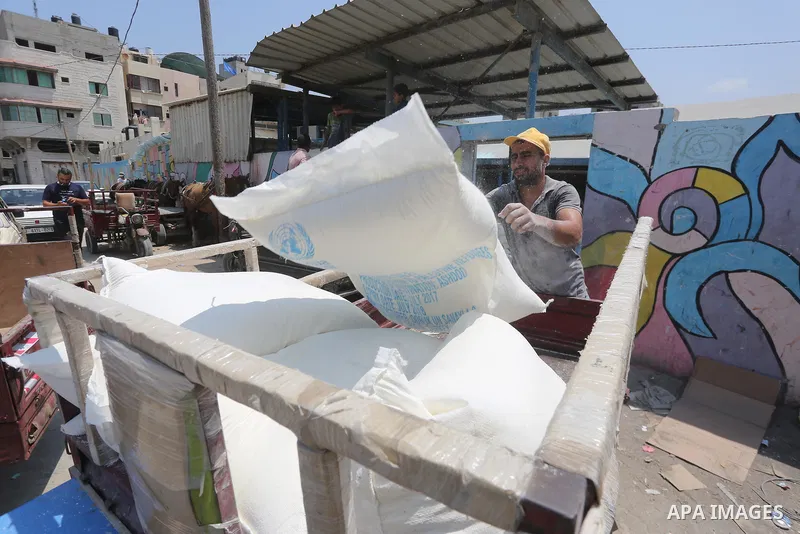 Palestinians receive their monthly food aid at a United Nations distribution center (UNRWA) in Gaza city on August 13, 2017. Photo by Mohammed Asad