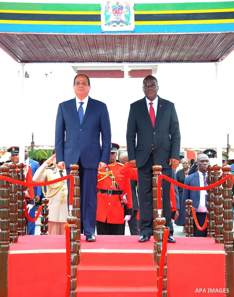 Egyptian President Abdel Fattah al-Sisi is received by Tanzania's President John Magufuli at the Julius Nyerere International Airport in Dar es Salaam, Tanzania August 14, 2017. Photo by Egyptian President Office
