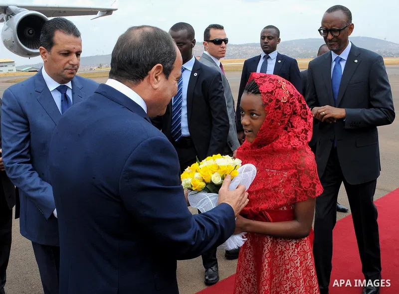 Egyptian President Abdel Fattah al-Sisi attends the welcome ceremony after his arrival at Kigali International Airport on August 15, 2017. The Egyptian President is paying a two day visit to Rwanda. Photo by Egyptian Pre...