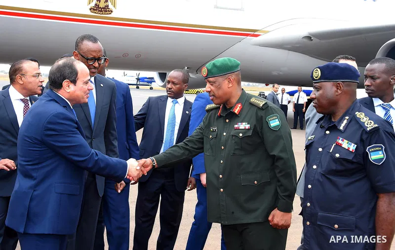 Egyptian President Abdel Fattah al-Sisi attends the welcome ceremony after his arrival at Kigali International Airport on August 15, 2017. The Egyptian President is paying a two day visit to Rwanda. Photo by Egyptian Pre...
