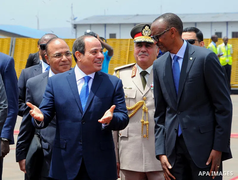 Egyptian President Abdel Fattah al-Sisi attends the welcome ceremony after his arrival at Kigali International Airport on August 15, 2017. The Egyptian President is paying a two day visit to Rwanda. Photo by Egyptian Pre...