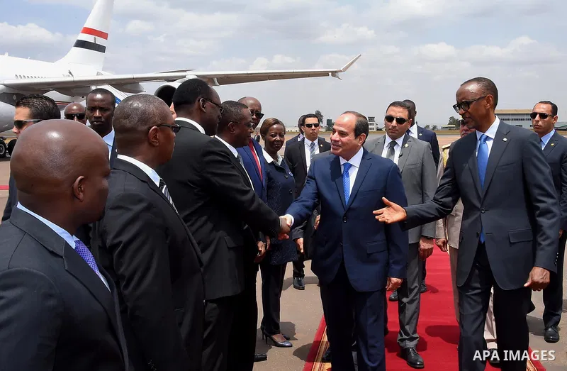 Egyptian President Abdel Fattah al-Sisi attends the welcome ceremony after his arrival at Kigali International Airport on August 15, 2017. The Egyptian President is paying a two day visit to Rwanda. Photo by Egyptian Pre...