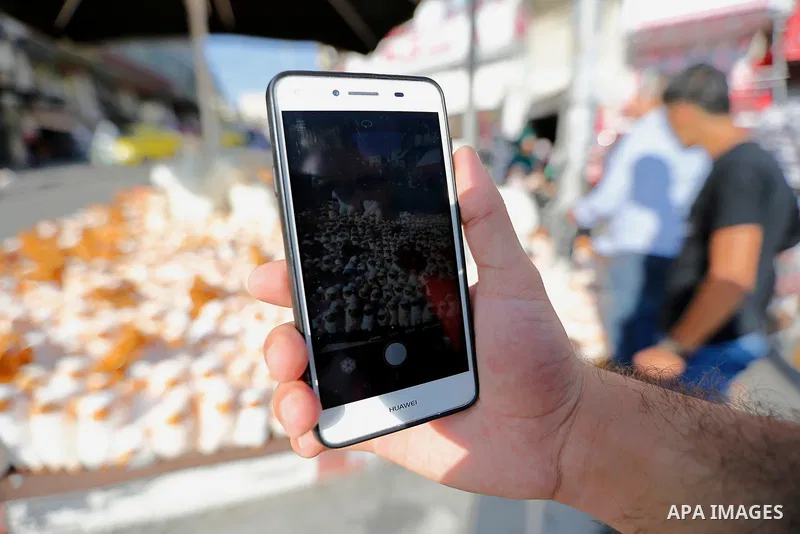 A Palestinian man takes a photo by phone to toys of sheep at a market ahead of the Eid al-Adha festival in the West Bank city of Hebron, on August 21, 2017. Photo by Wisam Hashlamoun
