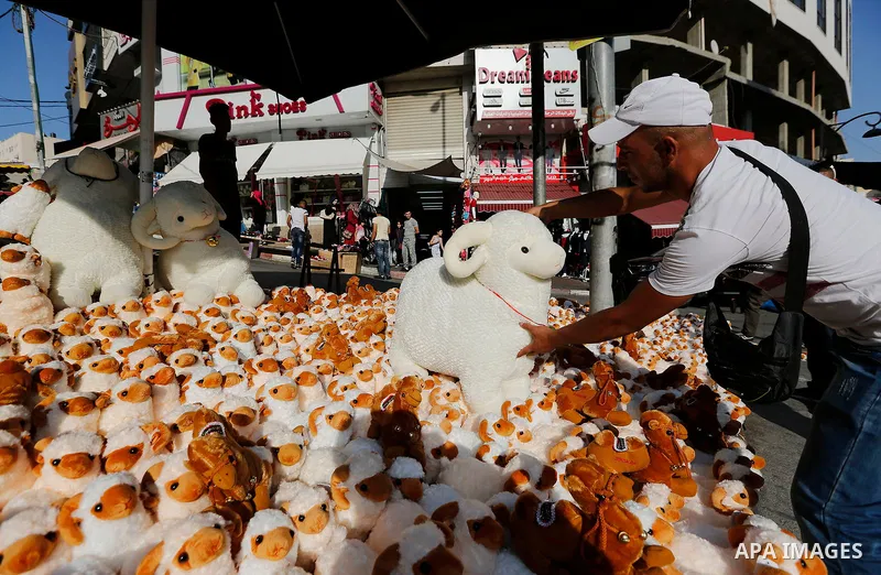 A Palestinian vendor displays toys of sheep at a market ahead of the Eid al-Adha festival in the West Bank city of Hebron, on August 21, 2017. Photo by Wisam Hashlamoun