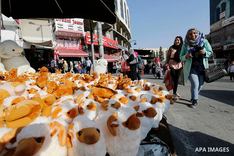A Palestinian vendor displays toys of sheep at a market ahead of the Eid al-Adha festival in the West Bank city of Hebron, on August 21, 2017. Photo by Wisam Hashlamoun