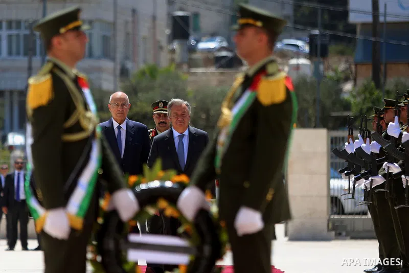 United Nations Secretary-General Antonio Guterres arrives to lay a wreath on the tomb of late Palestinian leader Yasser Arafat in the West Bank city of Ramallah August 29, 2017. Photo by Shadi Hatem