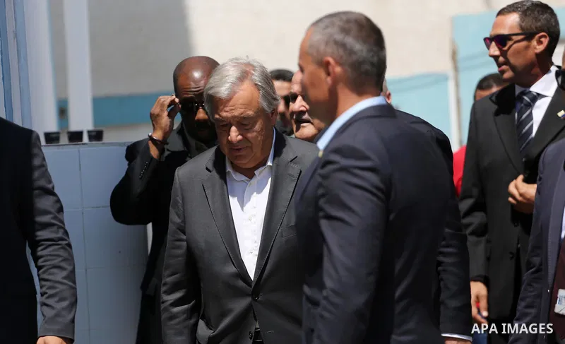 United Nations Secretary General Antonio Guterres delivers a statement to the media, during a visit to a UN School in Beit Lahia in the northern Gaza Strip on August 30, 2017. Photo by Mohammed Asad
