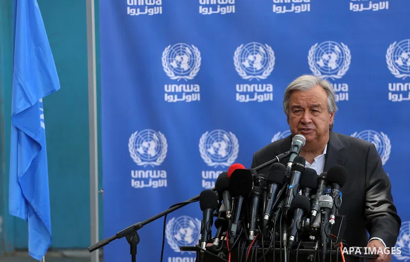 United Nations Secretary General Antonio Guterres delivers a statement to the media, during a visit to a UN School in Beit Lahia in the northern Gaza Strip on August 30, 2017. Photo by Mohammed Asad