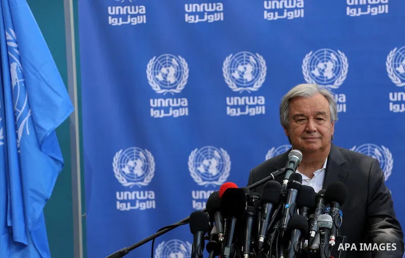 United Nations Secretary General Antonio Guterres delivers a statement to the media, during a visit to a UN School in Beit Lahia in the northern Gaza Strip on August 30, 2017. Photo by Mohammed Asad