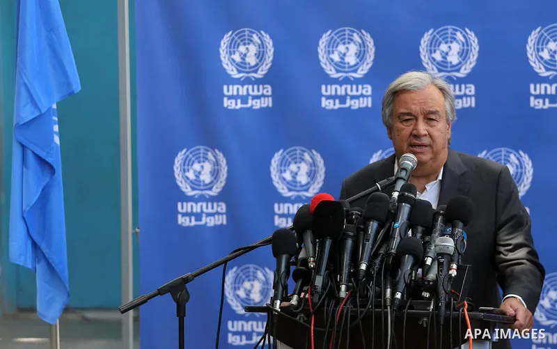 United Nations Secretary General Antonio Guterres delivers a statement to the media, during a visit to a UN School in Beit Lahia in the northern Gaza Strip on August 30, 2017. Photo by Mohammed Asad