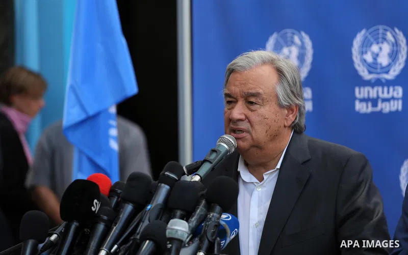 United Nations Secretary General Antonio Guterres delivers a statement to the media, during a visit to a UN School in Beit Lahia in the northern Gaza Strip on August 30, 2017. Photo by Mohammed Asad