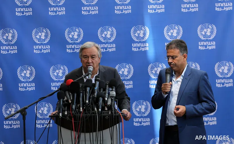 United Nations Secretary General Antonio Guterres delivers a statement to the media, during a visit to a UN School in Beit Lahia in the northern Gaza Strip on August 30, 2017. Photo by Mohammed Asad