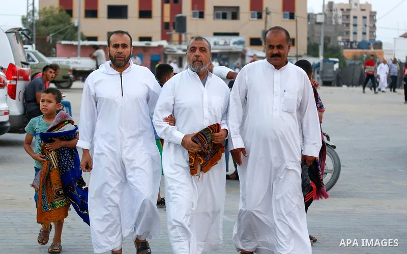 Palestinian muslims pray on the first day of Eid al-Adha, or feast of the sacrifice, in Nuseirat in the center of Gaza strip, on September 1, 2017. Muslims around the world are celebrating Eid al-Adha, the "Feast of Sacr...