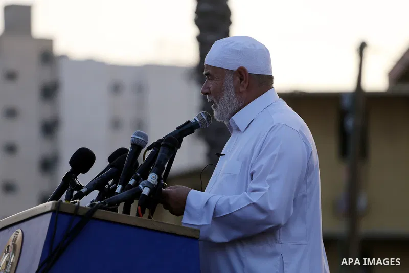 Deputy of the Legislative Council, Ahmed Bahar speaks following prayer on the first day of of Eid al-Adha or the feast of sacrifice in Gaza city, on September 1, 2017. Muslims around the world are celebrating Eid al-Adha...