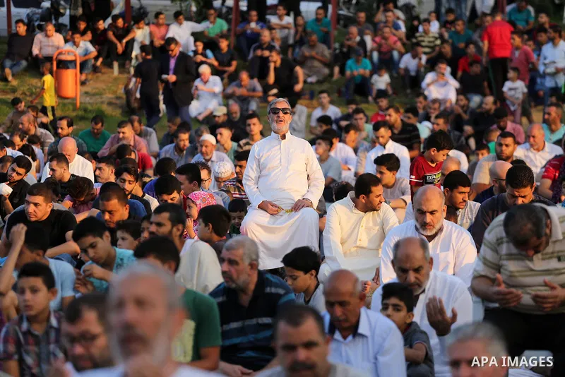 Palestinian muslims pray on the first day of of Eid al-Adha or the feast of sacrifice in Gaza city, on September 1, 2017. Muslims around the world are celebrating Eid al-Adha, the "Feast of Sacrifice", which marks the en...