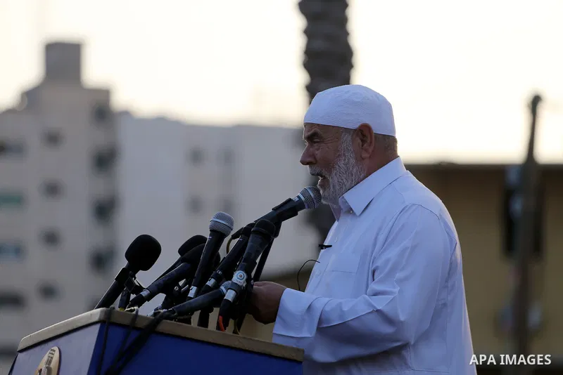Deputy of the Legislative Council, Ahmed Bahar speaks following prayer on the first day of of Eid al-Adha or the feast of sacrifice in Gaza city, on September 1, 2017. Muslims around the world are celebrating Eid al-Adha...