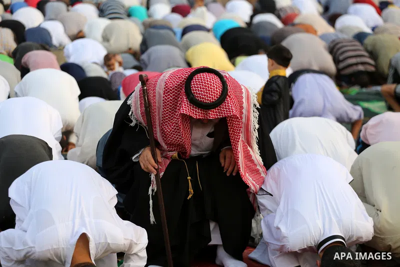 Palestinian muslims pray on the first day of of Eid al-Adha or the feast of sacrifice in Gaza city, on September 1, 2017. Muslims around the world are celebrating Eid al-Adha, the "Feast of Sacrifice", which marks the en...