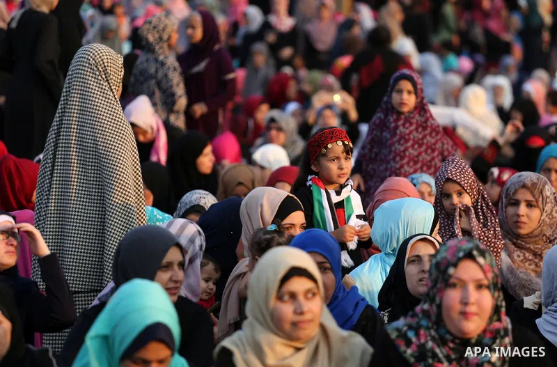 Palestinian muslims pray on the first day of of Eid al-Adha or the feast of sacrifice in Gaza city, on September 1, 2017. Muslims around the world are celebrating Eid al-Adha, the "Feast of Sacrifice", which marks the en...