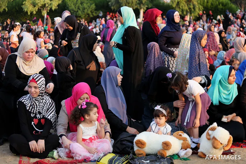 Palestinian muslims pray on the first day of of Eid al-Adha or the feast of sacrifice in Gaza city, on September 1, 2017. Muslims around the world are celebrating Eid al-Adha, the "Feast of Sacrifice", which marks the en...