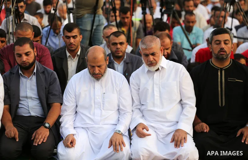 Palestinian muslims pray on the first day of of Eid al-Adha or the feast of sacrifice in Gaza city, on September 1, 2017. Muslims around the world are celebrating Eid al-Adha, the "Feast of Sacrifice", which marks the en...