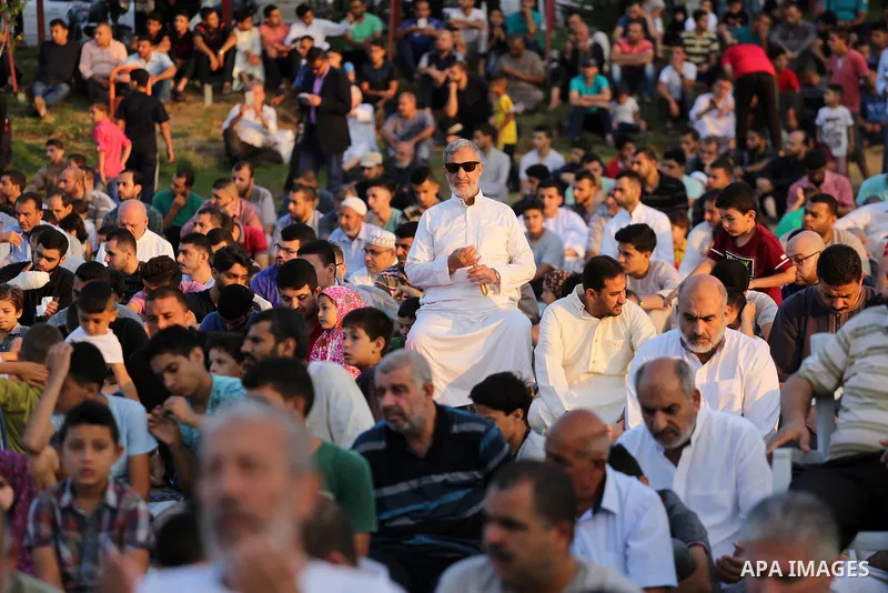 Palestinian muslims pray on the first day of of Eid al-Adha or the feast of sacrifice in Gaza city, on September 1, 2017. Muslims around the world are celebrating Eid al-Adha, the "Feast of Sacrifice", which marks the en...