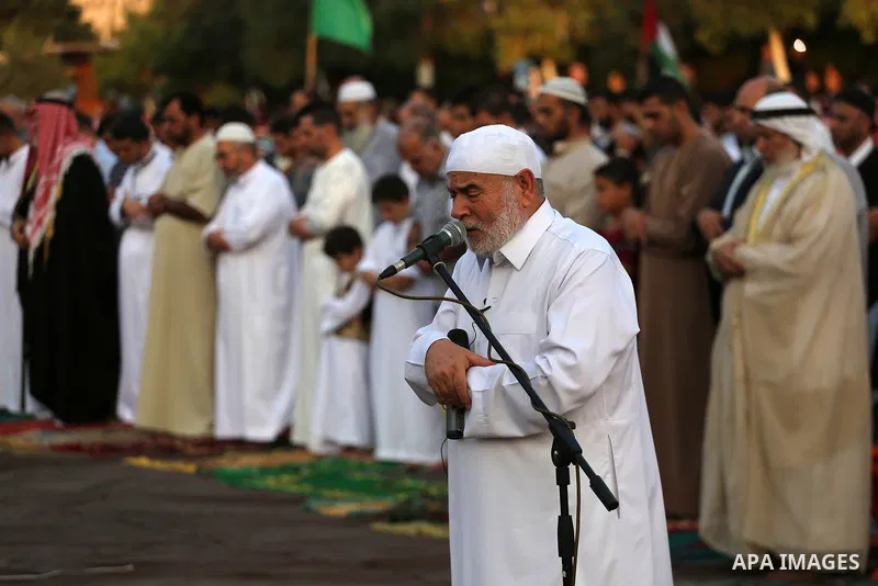 Deputy of the Legislative Council, Ahmed Bahar prays on the first day of of Eid al-Adha or the feast of sacrifice in Gaza city, on September 1, 2017. Muslims around the world are celebrating Eid al-Adha, the "Feast of Sa...