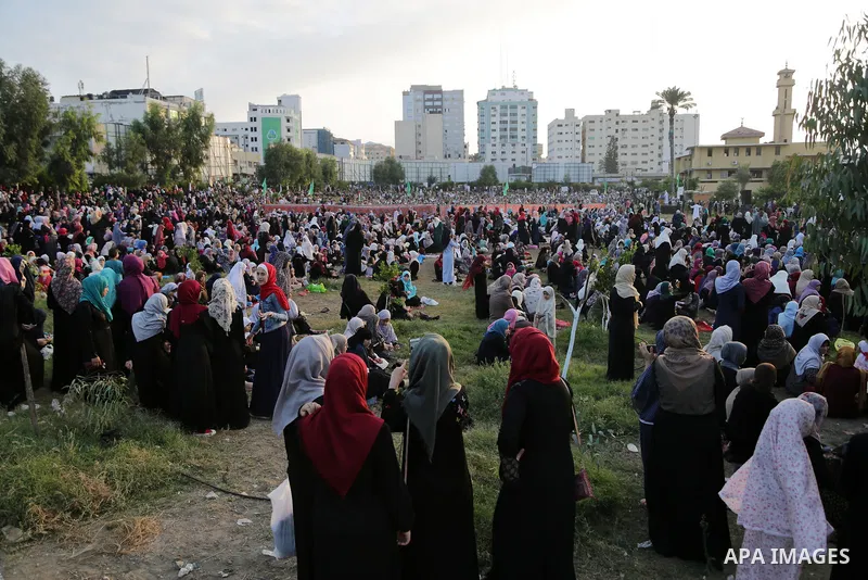 Palestinian muslims attend the prayer of Eid al-Adha or the feast of sacrifice in Gaza city, on September 1, 2017. Muslims around the world are celebrating Eid al-Adha, the "Feast of Sacrifice", which marks the end of th...