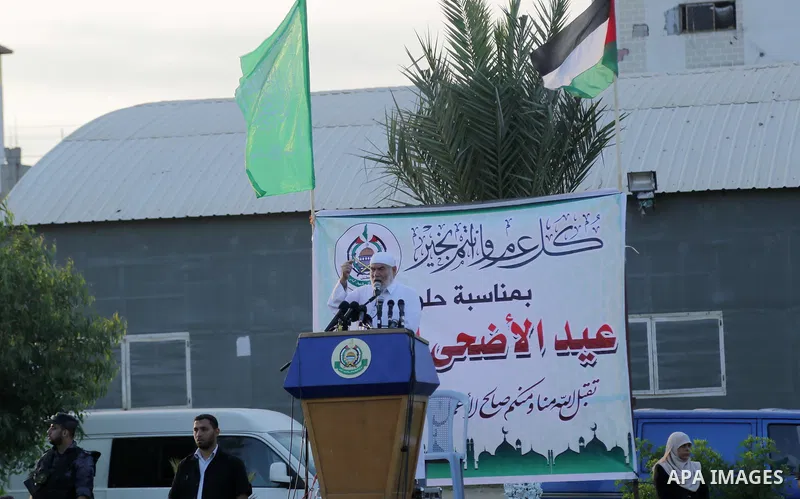 Deputy of the Legislative Council, Ahmed Bahar speaks following prayer on the first day of of Eid al-Adha or the feast of sacrifice in Gaza city, on September 1, 2017. Muslims around the world are celebrating Eid al-Adha...