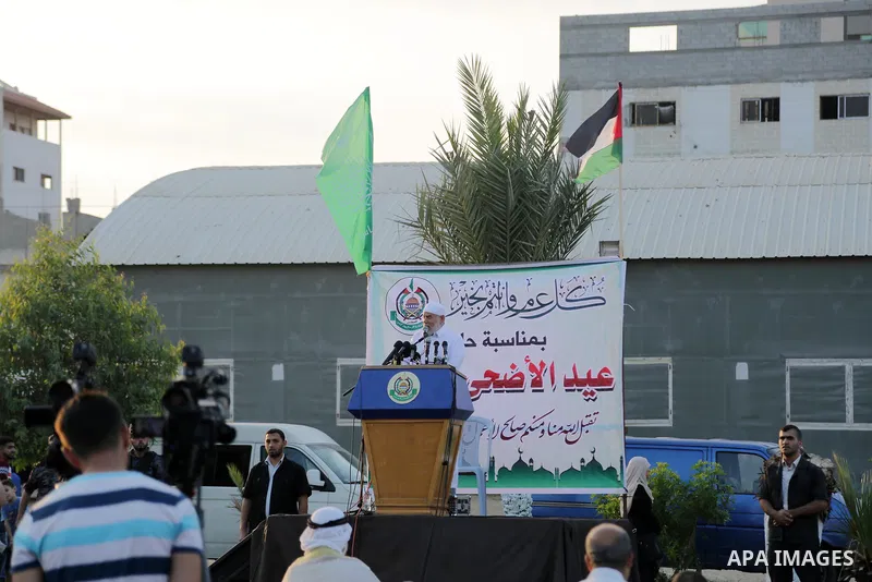 Deputy of the Legislative Council, Ahmed Bahar speaks following prayer on the first day of of Eid al-Adha or the feast of sacrifice in Gaza city, on September 1, 2017. Muslims around the world are celebrating Eid al-Adha...