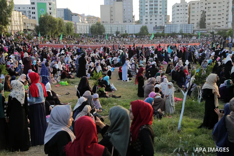 Palestinian muslims attend the prayer of Eid al-Adha or the feast of sacrifice in Gaza city, on September 1, 2017. Muslims around the world are celebrating Eid al-Adha, the "Feast of Sacrifice", which marks the end of th...
