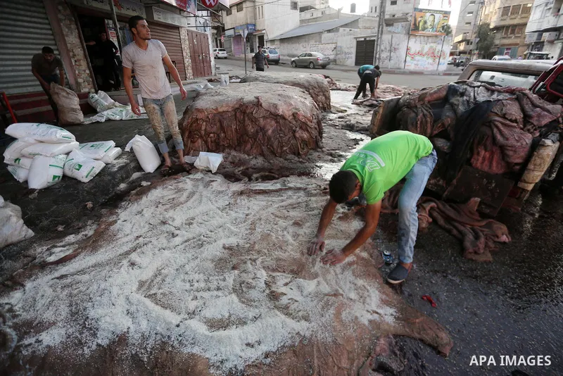 Palestinian leather tannery workers, salt the hides of sacrificial animals before drying them, during third day of Eid al-Adha or the feast of sacrifice, in a workshop in Gaza city on September 3, 2017. Muslims around th...