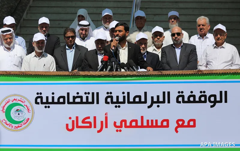 Mushir Al Masri, a Hamas MP and media spokesman speaks during a protest against killing of Muslims in Burma in front of the legislative council, in Gaza city on Sept. 7, 2017. Photo by Mohammed Asad
