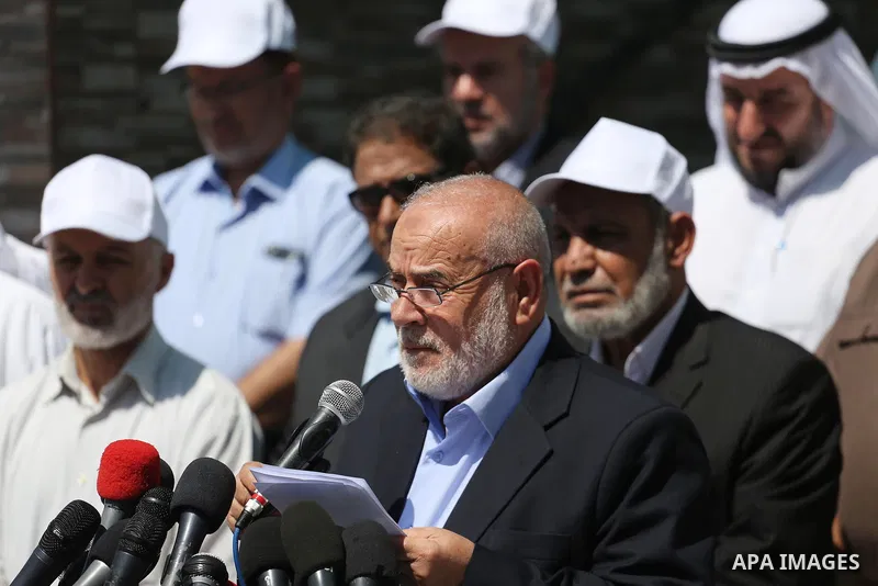 Deputy of the Legislative Council, Ahmed Bahar speaks during a protest against killing of Muslims in Burma in front of the legislative council, in Gaza city on Sept. 7, 2017. Photo by Mohammed Asad