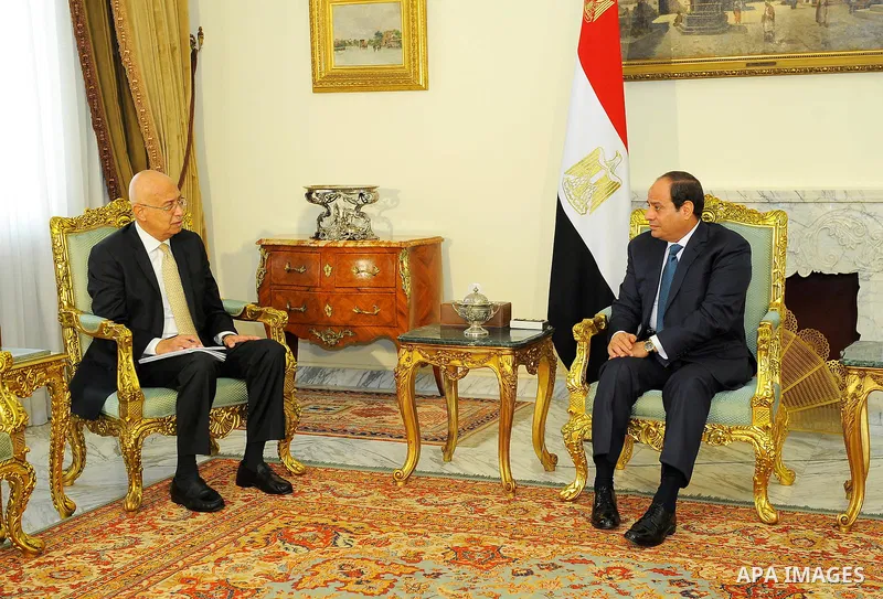 Egyptian President Abdel Fattah al-Sisi meets with Prime Minister Sherif Ismail, in Cairo, Egypt on Sept.16, 2017. Photo by Egyptian President Office