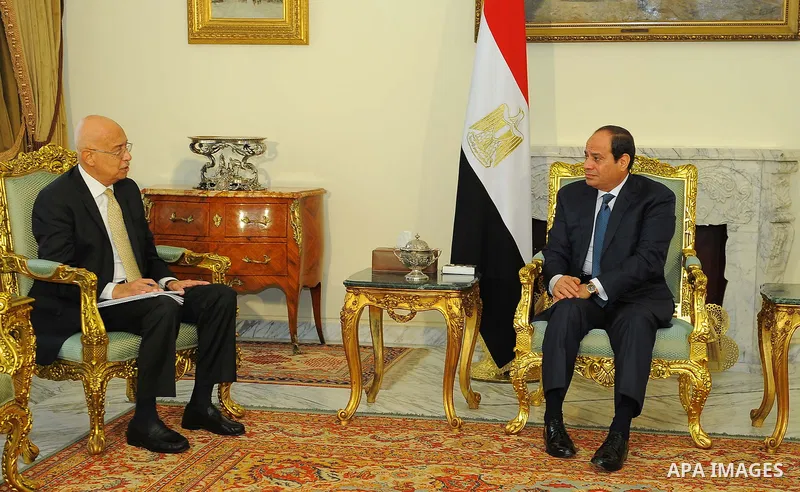 Egyptian President Abdel Fattah al-Sisi meets with Prime Minister Sherif Ismail, in Cairo, Egypt on Sept.16, 2017. Photo by Egyptian President Office
