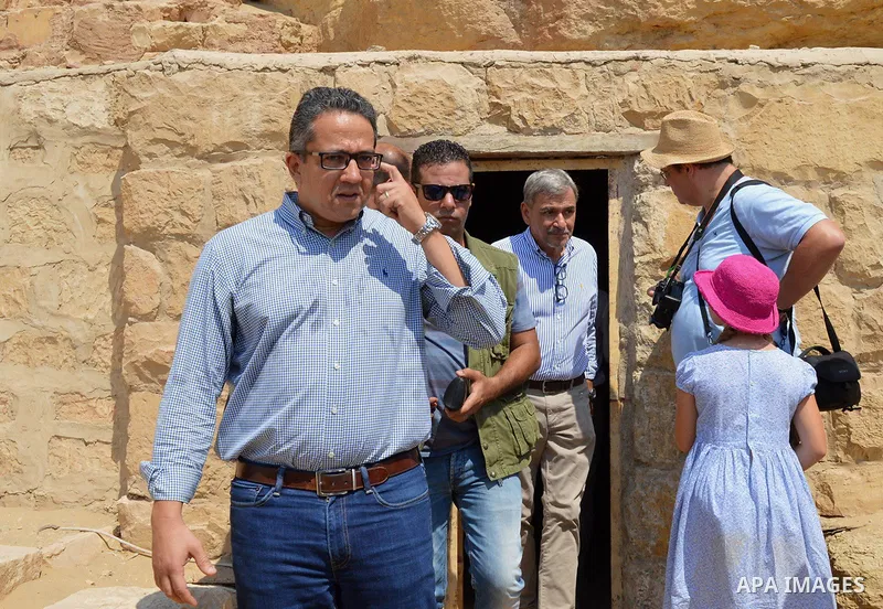 Egyptian Minister of Antiquities, Khaled El-Enany and Stephane Romatet, Ambassador of France to Egypt , visit the Nemt Bes tomb, Saqqara's ancient burial grounds in Giza, Egypt, 16 Septemper 2017. The visit was to witnes...