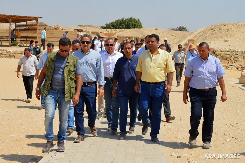 Egyptian Minister of Antiquities, Khaled El-Enany and Stephane Romatet, Ambassador of France to Egypt , visit the Nemt Bes tomb, Saqqara's ancient burial grounds in Giza, Egypt, 16 Septemper 2017. The visit was to witnes...