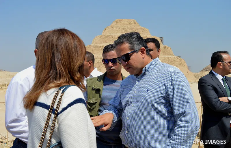 Egyptian Minister of Antiquities, Khaled El-Enany and Stephane Romatet, Ambassador of France to Egypt , visit the Nemt Bes tomb, Saqqara's ancient burial grounds in Giza, Egypt, 16 Septemper 2017. The visit was to witnes...