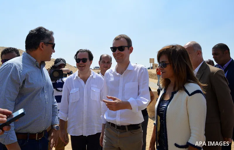 Egyptian Minister of Antiquities, Khaled El-Enany and Stephane Romatet, Ambassador of France to Egypt , visit the Nemt Bes tomb, Saqqara's ancient burial grounds in Giza, Egypt, 16 Septemper 2017. The visit was to witnes...
