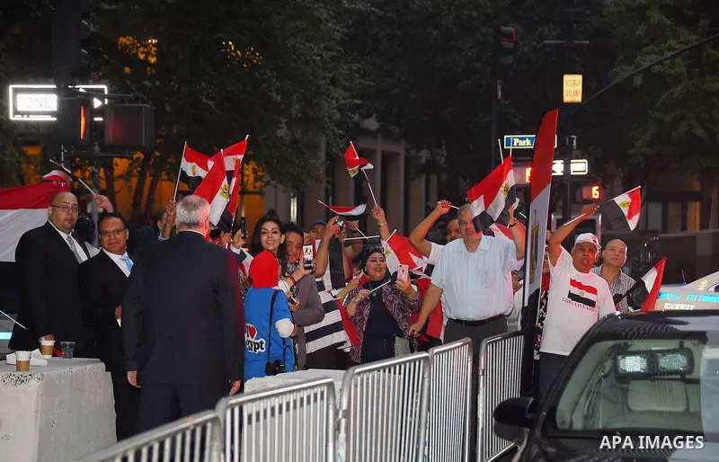 Egyptian community in New York wave the national flags during the welcome ceremony of Egyptian President Abdel Fattah al-Sisi, in New York City, U.S. September 17, 2017. Photo by Egyptian President Office