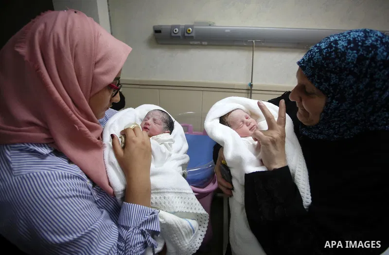 The mother of Palestinian prisoner Qasim al-Akeleek, 34, holds one of her son's twins who were conceived with sperm from her son Qasim smuggled out of an Israeli prison at Arab Specialist Hospital in the West Bank city o...