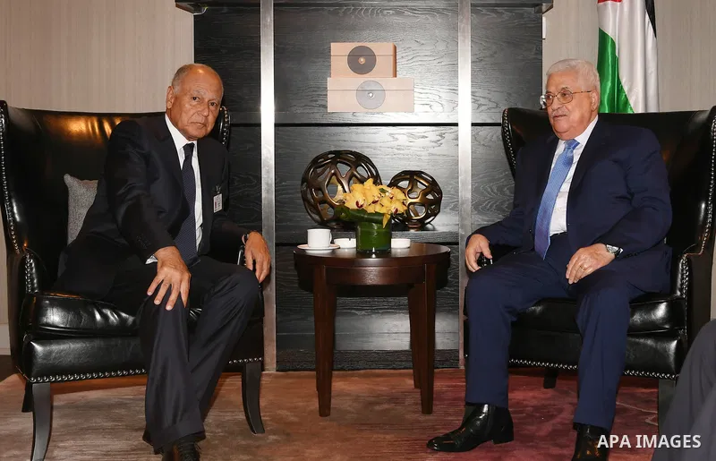 Palestinian President Mahmoud Abbas meets with the Secretary General of the League of Arab States Ahmed Aboul Gheit , in New York City, U.S. September 18, 2017. Photo by Osama Falah