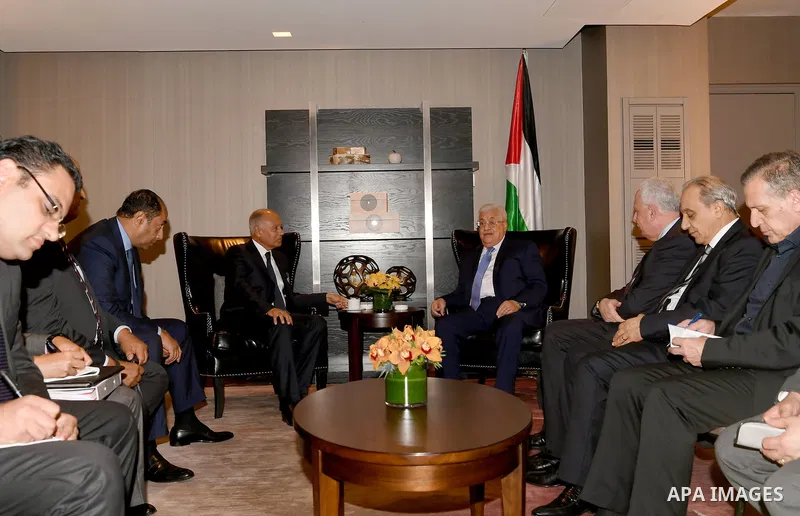 Palestinian President Mahmoud Abbas meets with the Secretary General of the League of Arab States Ahmed Aboul Gheit , in New York City, U.S. September 18, 2017. Photo by Osama Falah
