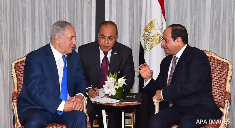 Egyptian President Abdel Fattah al-Sisi, meets with Israeli Prime Minister Benjamin Netanyahu, in New York City, U.S. September 18, 2017, to discuss the Middle East peace process in their first public talks. Photo by Egy...