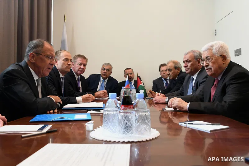 Palestinian President Mahmoud Abbas meets with Russian Foreign Minister Sergey Lavrov in New York City, U.S. on September 19, 2017. Photo by Osama Falah