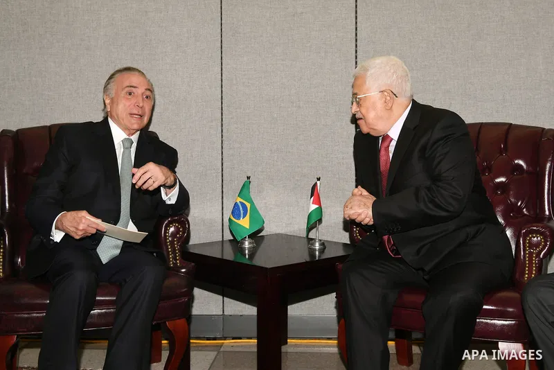Palestinian President Mahmoud Abbas meets with Brazilian President Michel Temer in New York City, U.S. on September 19, 2017. Photo by Osama Falah