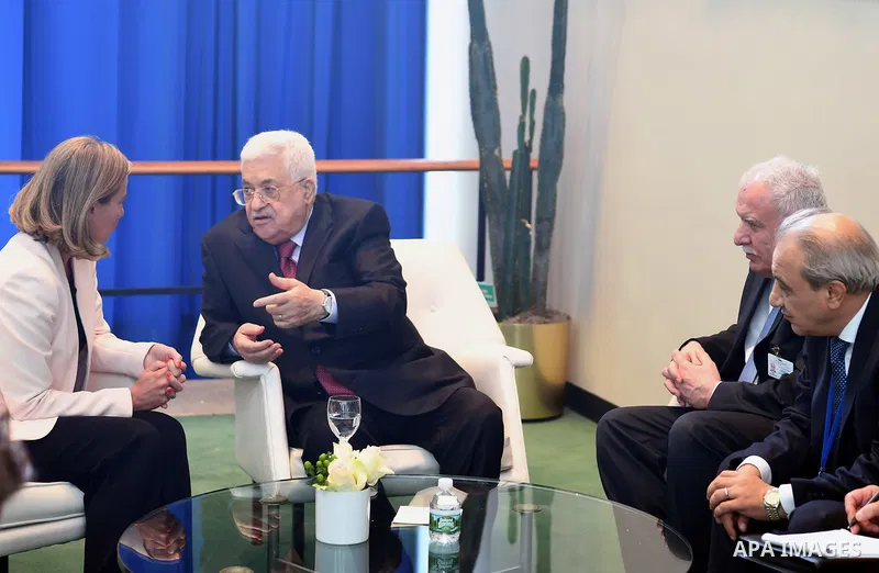 Palestinian President Mahmoud Abbas meets with the High Representative for Foreign Policy of the European Union, Federica Mogherini in New York City, U.S. on September 19, 2017. Photo by Osama Falah