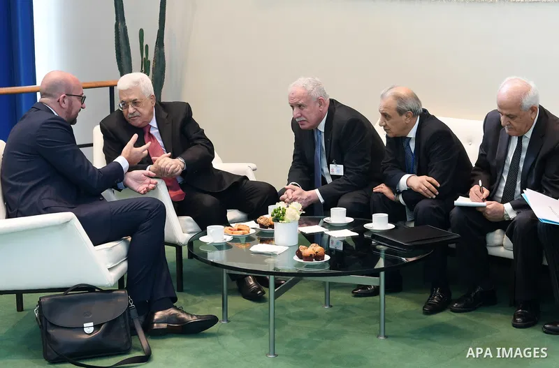 Palestinian President Mahmoud Abbas meets with Belgian Prime Minister Charles Michel in New York City, U.S. on September 19, 2017. Photo by Osama Falah